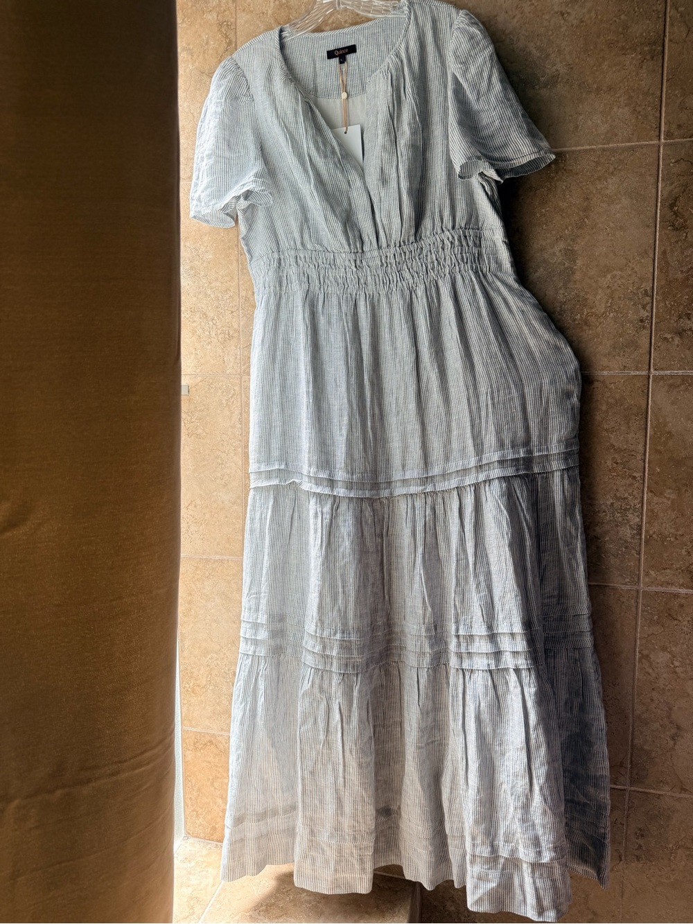 Quince 100% European Linen Tiered Maxi Dress Pockets Blue Pinstripe Smocked L